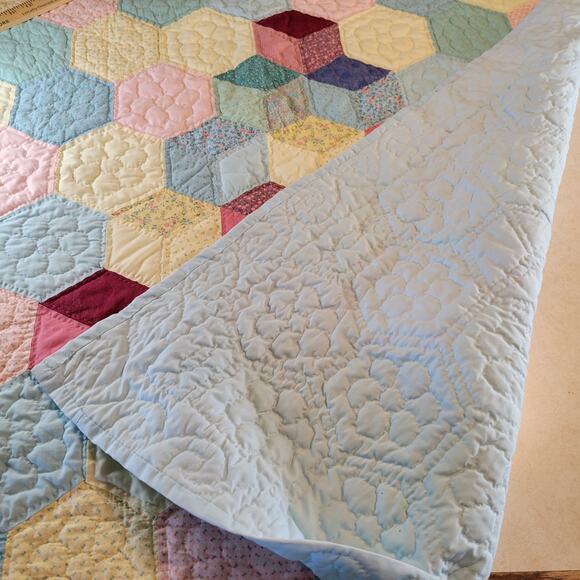 Handmade Hexagon Patchwork Quilt 51x39 Vintage Pastel 1990 Baby Lap Throw - Picture 11 of 16